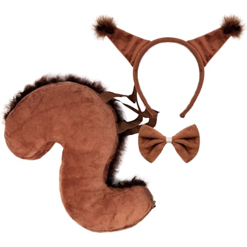 AgagaQx Orejas de Ardilla Disfraz Lindo, 3PCS Disfraz Ardilla Marrón, Disfraces Animales Adulto, Disfarces Carnaval Adorable, Conjunto Disfraces de Animal con Diadema Pajarita Cola para Mardi Gras