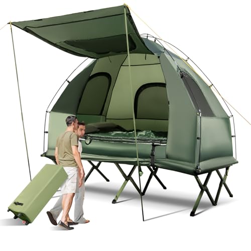 LDAILY Camping Tent Cot, 5 in 1 Off Ground Elevated Tent with Air Mattress, Sleeping Bag & Pillow, Folding Camping Cot Combo with Carrying Bag for Outdoor Hiking, RV, Picnic, Field Backyard (2 Person)