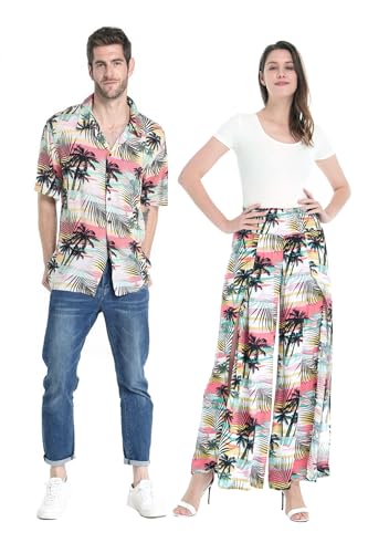 Matchable Couple Hawaiian Luau Shirt or Wide Legged Pants in Sunset Neon