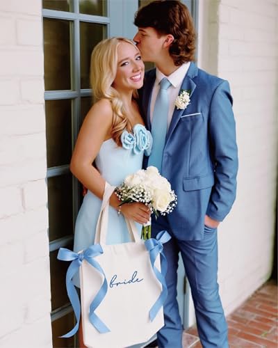 Bolsa tote de lienzo con lazo azul para novia miniatura 7