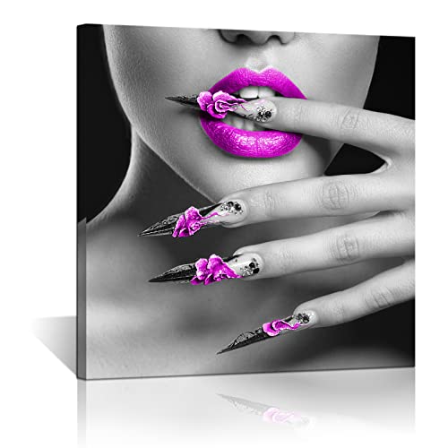 Biuteawal - Modern Canvas Prints Wall Art Fashion Woman with Purple Lips and Nails Pictures Elegant Makeup and Manicure Poster for Spa Bathroom Beauty Salon Wall Decoration Framed Ready to Hang
