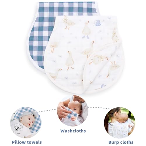 Image of LifeTree Muslin Baby Burp Cloths - 2 Pack 70% Viscose from Bamboo and 30% Cotton Large 22'' by 10.6'' Absorbent Milk Spit Up Rags - Burping Cloths for Newborn, Girls Boys, Duck & Blue Checkered