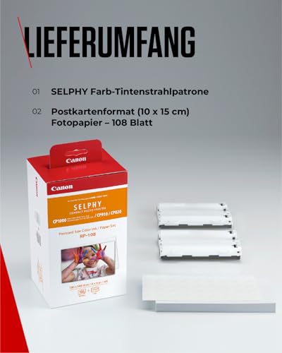 Canon SELPHY RP-108 Tinten- und Papier-Multipack – Original Fotodrucker Tintenpatronen 2er-Pack & 108 Blatt Fotopapier (100 x 148mm)
