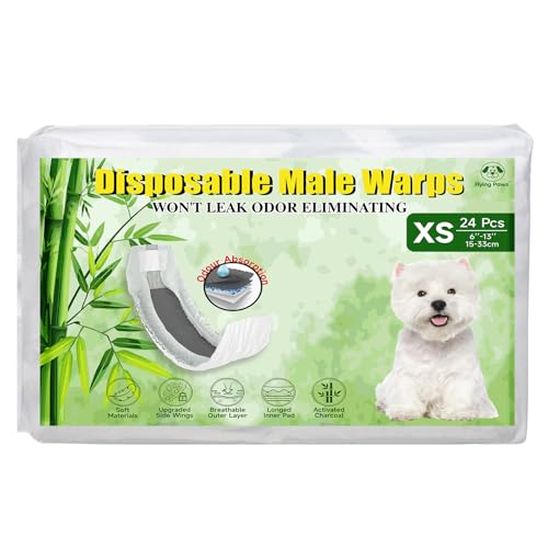 Flying Paws Pañales Desechables para Perros machos, XS-24 con carbón Activado, neutralización de olores, pañales Suaves y Transpirables, Pantalones para incontinencia para Cachorros, XS-24 Unidades