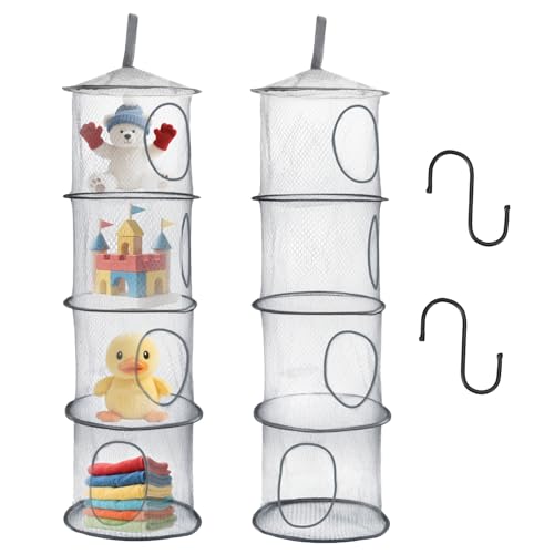 DIBALIYI 2 PCS Hanging Mesh Storage Net, 4 Tier Teddy Storage Basket with Hook, Grey Foldable Storage Bag, Space Saving Organizer for Toys Clothes