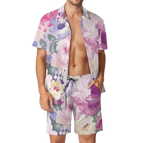 Ensemble chemise short et pantalon de plage hommes fleurs aquarellées taille S
