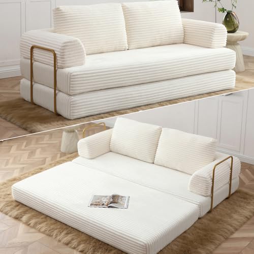 Image of HANXIN 80 Inch Convertible Sleeper Sofa Bed, High Back Plush Corduroy Folding Floor Mattress Couch with Fixed-Shape Frame, Boneless Futon Loveseat with Pull Out Bed, No Assembly Required (Beige)
