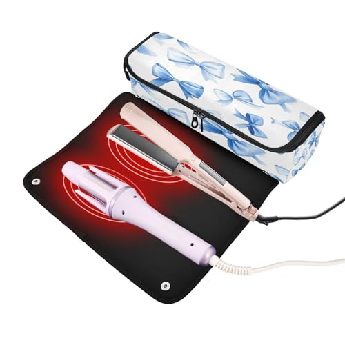 Bolsa de viaje para herramientas de cabello Blue Bow con tapete resistente al calor, organizador para planchas, rizadores y accesorios para el cuidado del cabello miniatura 2