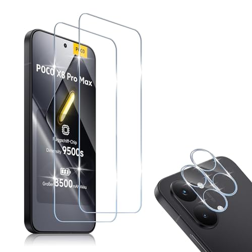 HidWee Schutzfolie Kompatibel mit Xiaomi POCO X8 Pro Max 5G für Panzerglas, 2 Stück Schutzglas & 2 Stück Kamera Schutzfolie, 9H Härte Anti-Kratzer Schutz Glas, HD Displayschutzfolie & Kameraschutz