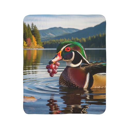 Cozy Fleece Sherpa Blanket Featuring Wood Duck with Grapes in Oregon Lake