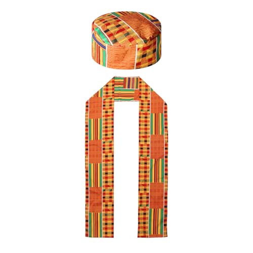 2 Pcs African Kente Pattern Kufi Hat Men Kente African Print Stole Sash for Black African History