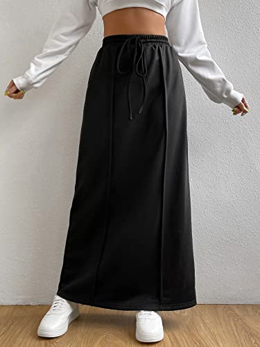 Verdusa Women's Casual Drawstring Elastic Waist Knot Front Solid Maxi Skirt Black L #TOP2
