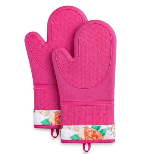 HOMETYGER Silicone Oven Mitts, Heat Resistant Kitchen Gloves,500°F,Pink