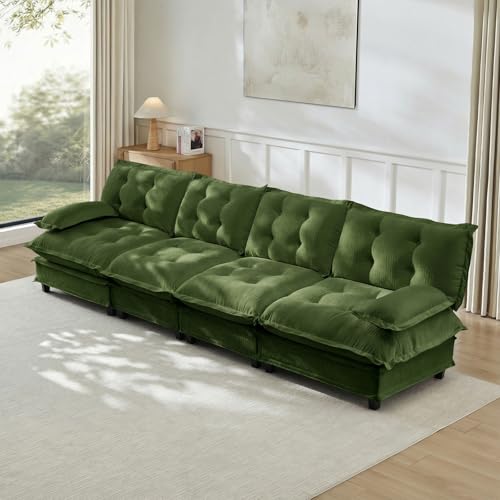 Image of 138 inch Sectional Couches for Living Room, Green 4 Seater Modern Chenille Deep Seat Sofa Set, Salas para Casa, High Back Cloud Couch Modular Sectional Sets