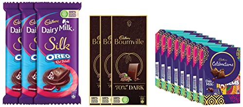 Image of Cadbury Celebrations Assorted Chocolate Gift Pack, 62.2 g- Pack of 8 & Bournville Rich Cocoa 70% Dark Chocolate Bar, 3 x 80 g & Dairy Milk Silk Oreo Red Velvet, 130g - Pack of 3