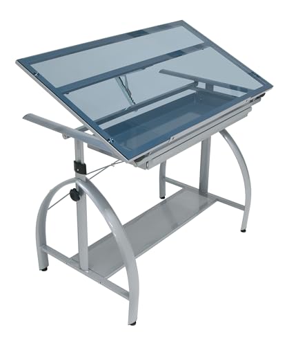 SD STUDIO DESIGNS 10060 Avanta Top Adjustable Drafting Craft Drawing Hobby Table Writing Studio Desk with Drawers, 42'' W x 24'' D, Silver/Blue Glass