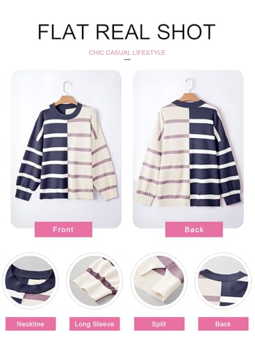 Image of EVALESS Womens Striped Sweaters Long Sleeve Cable Knitted Color Block Casual Loose Lightweight Oversized Sweaters Pullover