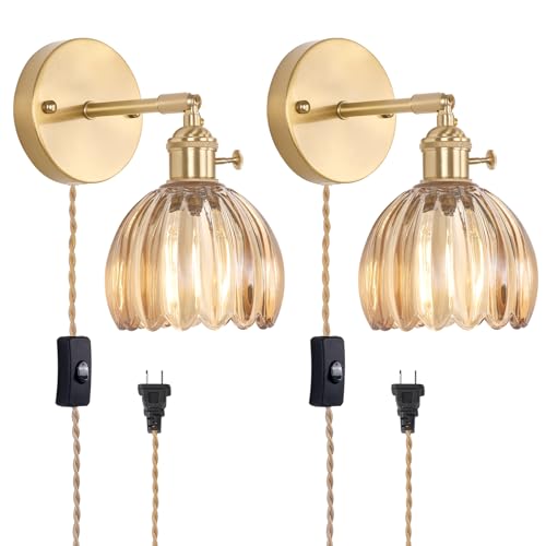 Shenmoyl Plug in Wall Sconce, Amber Tulip Glass Lampshade Wall Light Plugin Corded for Bedside Bedroom Doorway, 2 Pack