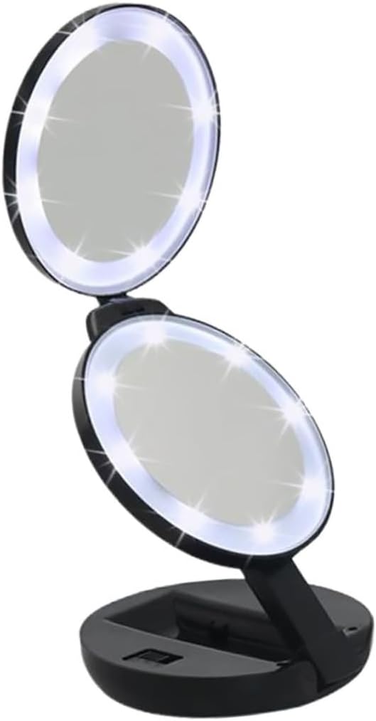1Pc Folding Makeup Mirror Portable Double Sided Travel Compact Mirror Black with LED Light for Easy Makeup Application Any Lighting Condition