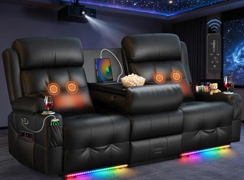 Image of Home Theater Seating, 3 Seat Power Recliner Sofa with Massage & Heat, Wall Hugger Reclining Loveseat with USB, RV Couch with LED Lights, Flip Backrest, Cup Holders for Movie Theater & Gaming Room