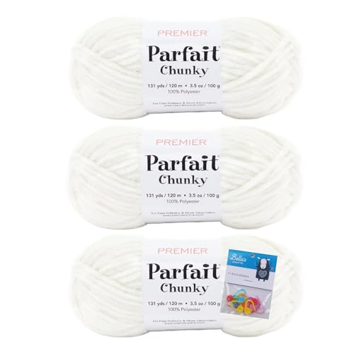 Premier Yarns Parfait Chunky Chenille 3.5 Oz 6 Super Bulky Weight 3 Pack Bundle with Bellas Stitch Place Holders (Cream)