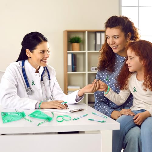 Image of Qilery 120 Pcs Liver Cancer Awareness Items Gifts Set Include Hope Strength Retractable Pens, Liver Cancer Awareness Bracelets, Ribbon Lapel Pins, Organza Bag Bulk for Event Charity Party(Green)