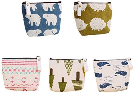 KWJOY Set of 5 Animal Canvas Change Coin Purse Wallet Bag Gift,Small Cute Coin Purse for Women,Girls,Whale, Polar Bear, Hedgehog and Tree