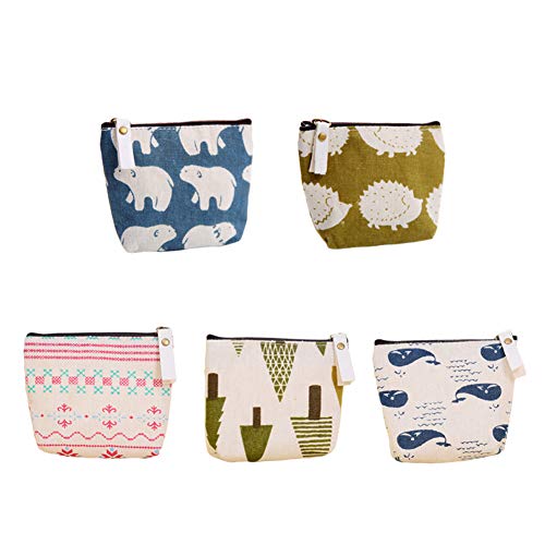 Kwjoy Set Of 5 Animal Canvas Change Coin Purse Wallet Bag Gift,Small Cute Coin Purse For Women,Girls,Whale, Polar Bear, Hedgehog And Tree #TOP2