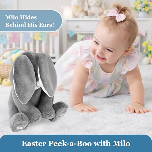Dimple Milo Peek a Boo Bunny Stuffed Animal - Interactive Easter Bunny Plush & Singing Songs - Easter Basket Stuffers for Toddlers - Baby Easter Gifts for Kids, Girls, Boys, Ages 0 & Up, Grey by Dimple - Image 5