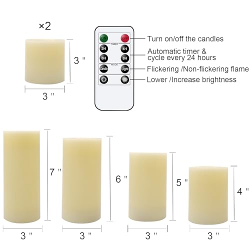 Image of Wondise Flameless Flickering Candles with Remote & Timer, Battery Operated Real Wax with Optical Fiber Wick 6PCS LED Candles for Thanksgiving Christmas Home Holidays Decoration(D3 x H3 4 inch 5 inch 6 inch 7 inch)