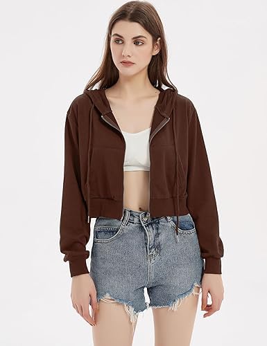Image of Casual Wear Solid Crop Zipper Jacket Hooded Neck Full Sleeves with Kangaroo Pocket Hoodie for Women