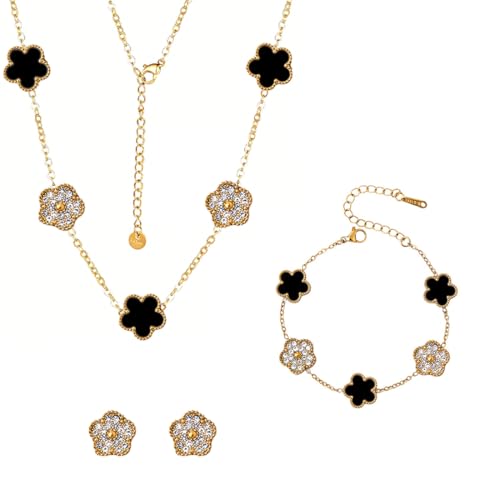 Bcenoilua Ensemble de Bijoux Trèfle à Quatre Feuilles pour Femme Fille Plaqué Or 18 Carats Collier Boucles D'oreilles Bracelet Set Acier Inoxydable...
