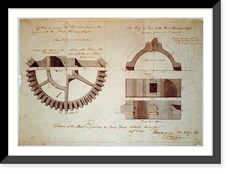 Historic Framed Print, [Steam engine, Washington Navy Yard, Washington, D.C. Steam engine, cam ring and hammer shaft].BH Latrobe Surv. Plic Bldgs U.S. - 2, 17-7/8" x 21-7/8"