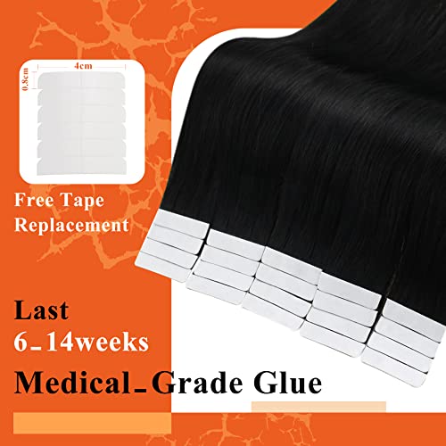 Image of Full Shine Tape Hair Extensions Real Human Hair Color Jet Black Invisible Tape in Hair Extensions Human Hair 14Inch Soft Straight Human Hair Extensions Tape in 20Pcs 50Grams Add Volume