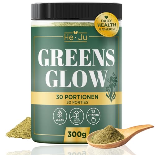 He-Ju Greens Glow Super Greens Entgiftungspulver mit Apfelfaser, Spirulina, Brokkoli & 13 Vitaminen, 300g Superfood-Mix, vegan, ohne Zuckerzusatz, mit Vitamin C & D zur Unterstützung der Immunfunktion