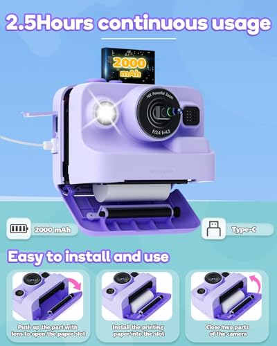 Image of Camera Instant Print, 1080P Kids Digital Camera with Printer Paper, Christmas Birthday Gift for Girls (Purple)