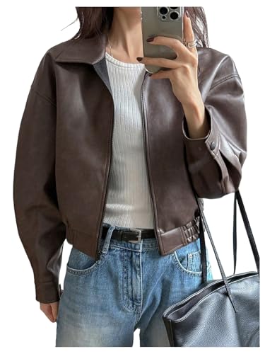 Women's Y2K Faux Leather Jacket Zip Up Crop Bomber Jacket Going Out Motor Bike Motorcycle Coat Streetwear with Pocket
