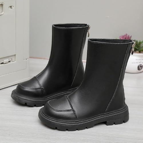 Girl's Waterproof Leather Zipper Mid Calf Combat Boots Solid Riding Boots Fall Winter Dress Shoes3