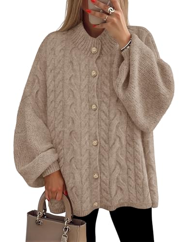 ZESICA Women's Button Down Cardigan Sweaters 2025 Fall Lantern Long Sleeve Mock Neck Chunky Knit Outerwear Coat
