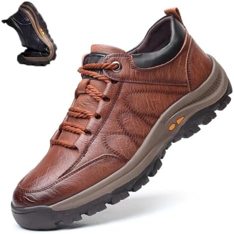 Hand-stitched Leather Shoes,Men Hiking Shoes Arch Support Anti-Fatigue Anti Slip Shock Warm Running Boots,Men's Comfortable Orthopedic Leather Sneakers with Arch Support