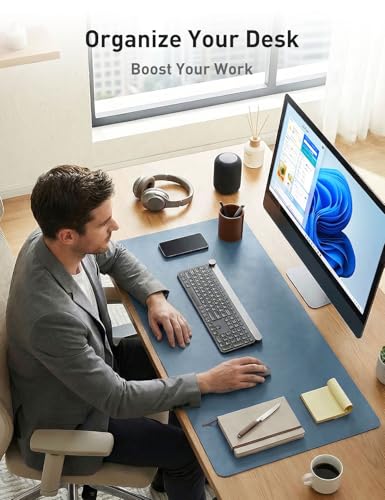 Image of Aothia Faux Leather Desk Mat - Non-Slip PU Leather Desk Blotter, Waterproof Writing Surface, Large Desk Pad for Office & Home (Denim Blue, 55 inch x 17 inch)