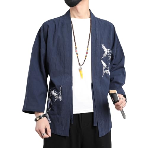 Image of Men's Japanese Kimono Cardigan Loose Cotton Linen 3 /4 Sleeve Open Front Casual Summer Shirt Jackets