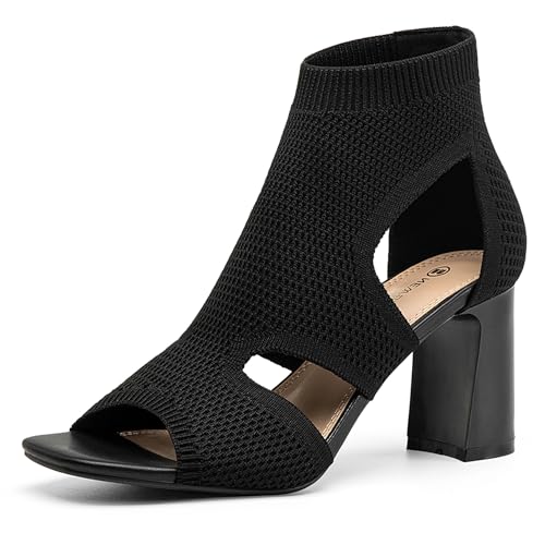 NEWBELLA Women's Peep Toe Booties Sandals - 3 inch Chunky Block Heel Prom Party Shoes for Summer & Evening Events, Black 8.5