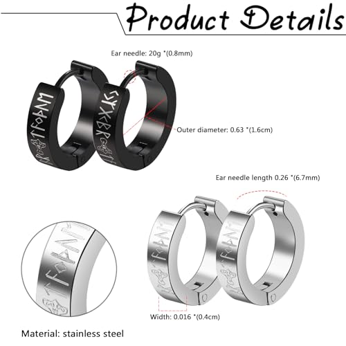 Aroncent 2-8Pcs Womens Mens Huggie Hoop Triangle Earrings Viking Runes Stainless Steel Ear Stud Novelty Black/Gold/Silver4