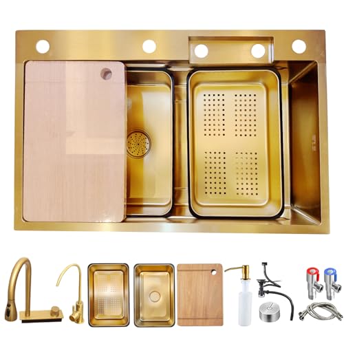 ZQFHSX Fregadero de Acero Inoxidable Dorado de 70 x 50 cm con Cascada, Grifo Multifuncional de Gran Capacidad, hidrolavadora, Tabla de Cortar y Cesta de Goteo para Cocina.