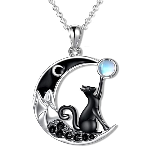 MALOYANVE Celtic Moon Black Cat Necklace Cute Animal Kitten Vintage Handmade Crystal Moonstone Sterling Silver Pendant Necklace Jewelry for Women Cat Lovers