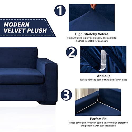 Mcolima Sofa Covers For 3 Cushion Couch Velvet Sofa Slip Cover 4 Piece Stretch Couch Covers For 3 Seater Sofa,Large Navy Blue #TOP4