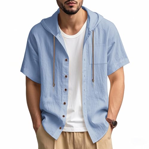 Mens Cotton Linen Hoodies Short Sleeve Button Down Shirts Casual Hawaiian Beach Yoga Drawstring Pullover Sweatshirts