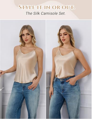 Image of THXSILK 100% Mulberry Silk Women Cami Pajama Set, Tank Top with Shorts Sleepwear, Adjustable Spaghetti Straps, Luxury Pj Set