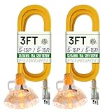 POWGRN 3 FT 2 Pack 12/3 Gauge Extension Cord with Multiple Outlets Outdoor, 3 Outlet Extension Cord Heavy Duty Yellow with Lighted, Tri-Tap Power Cable, 12AWG 15Amp 1875Watts 125Volts SJTW, ETL Listed